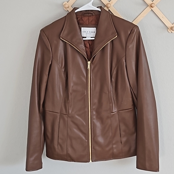 Cole Haan Wing Collar Brown Faux Leather Jacket - Picture 1 of 3
